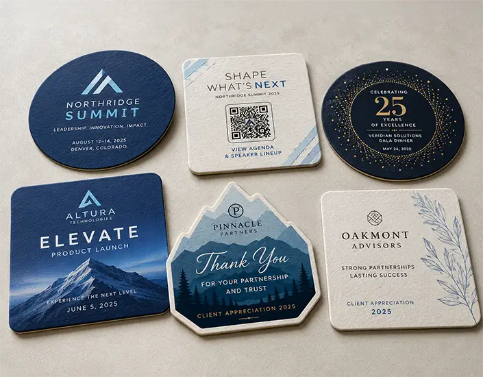 Collection of custom corporate event pulpboard coasters featuring conference, product launch, gala dinner, QR code, and client appreciation designs.