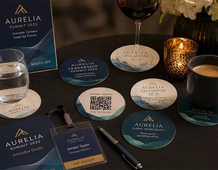 Custom corporate event pulpboard coasters displayed with branded conference materials, drinks, a QR code coaster, and VIP attendee badge.