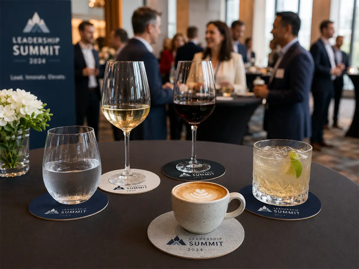 Custom branded pulpboard coasters displayed under drinks at a professional corporate networking event.