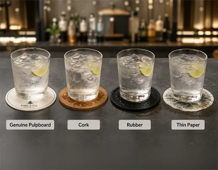 Comparison of genuine pulpboard, cork, rubber, and thin paper coasters under cold cocktail glasses on a bar counter.