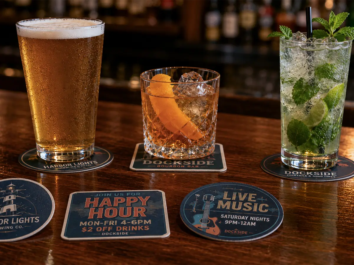 Custom branded pulpboard coasters displayed under drinks at a professional corporate networking event.