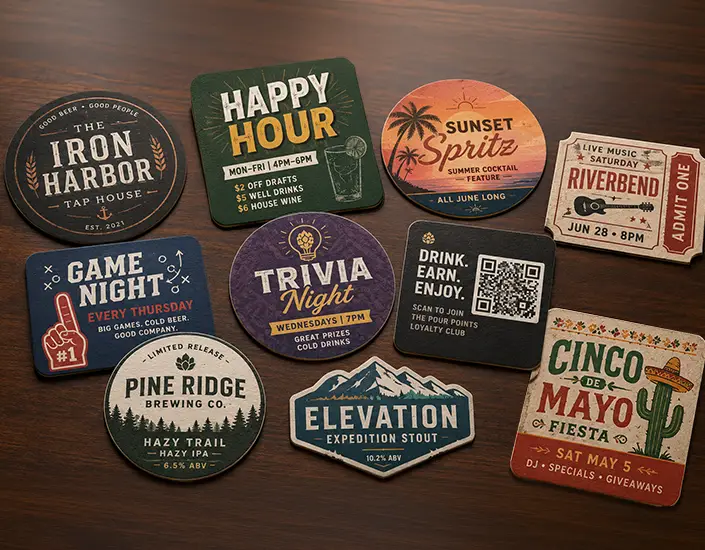 Assorted custom printed pulpboard bar coasters with happy hour, trivia night, QR code, beer release, and event designs on a wooden tabletop.