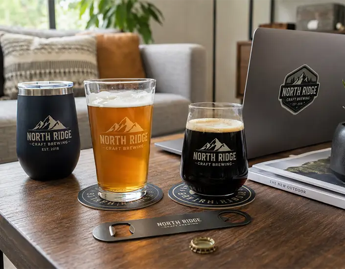 Branded brewery coasters, drinkware, bottle opener, and laptop sticker displayed in a home setting to showcase everyday brand visibility.