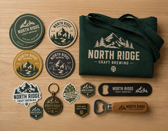 Collection of custom brewery merchandise including coasters, stickers, keychains, tote bag, lapel pins, and bottle openers arranged on a wood surface.