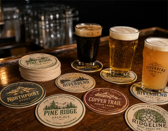 Assorted custom printed beer coasters arranged with pint glasses on a brewery bar.