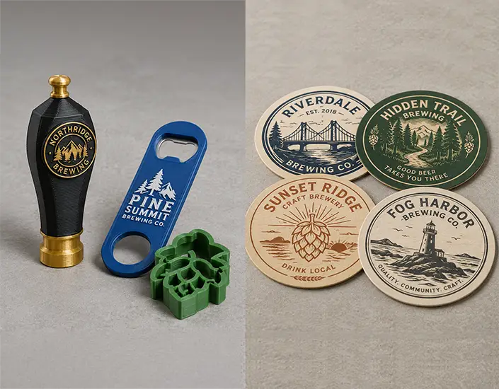 Side-by-side comparison of 3D printed beer promotional products and custom pulpboard coasters.