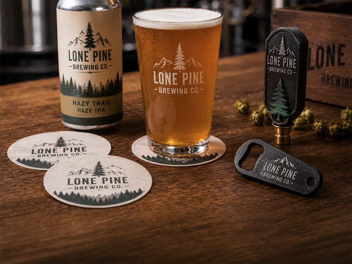 Custom brewery coasters, 3D printed beer promo items, and a pint glass displayed on a wooden bar.