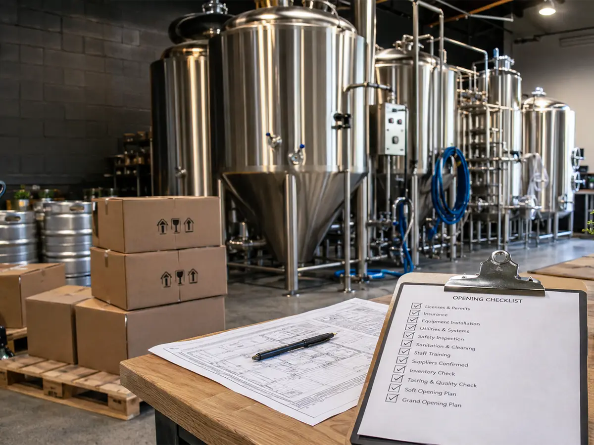 Brewery opening checklist and floor plan on a worktable with boxes and stainless steel brewing equipment in the background.