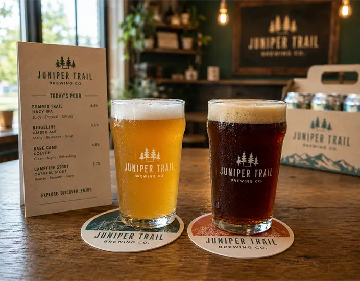 Two craft beers served on branded brewery coasters beside a beer menu inside a warm brewery taproom.