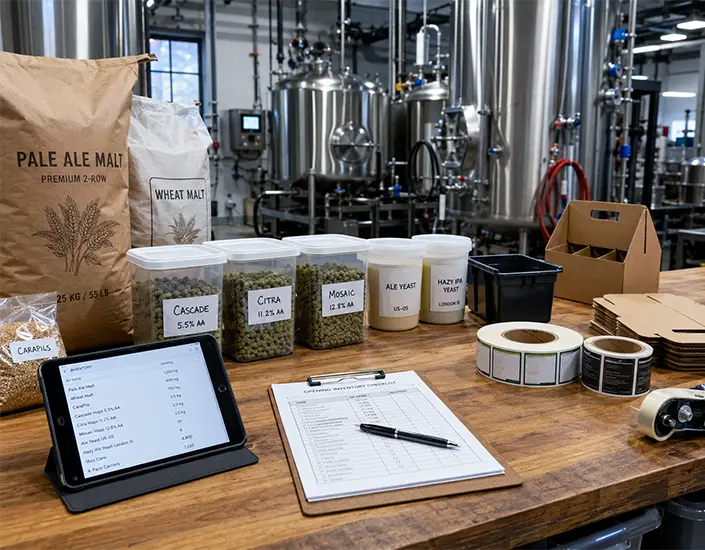 Brewery ingredients, inventory sheets, and packaging supplies arranged on a worktable in front of stainless steel brewing tanks.