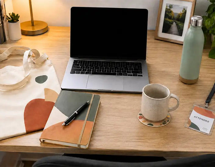 Office desk with conference swag items still in use, including a mug on a coaster, notebook, tote bag, and badge.