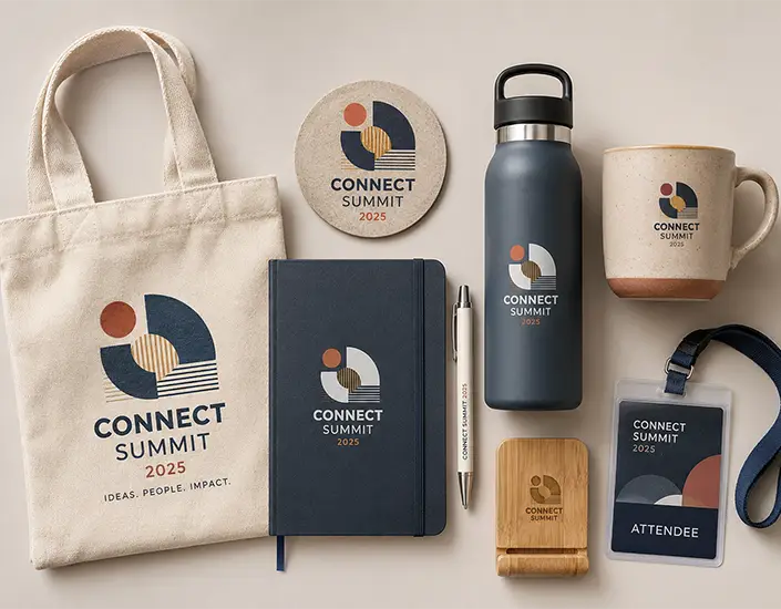 Flat lay of conference swag items including a tote bag, notebook, water bottle, mug, badge, and custom coaster.
