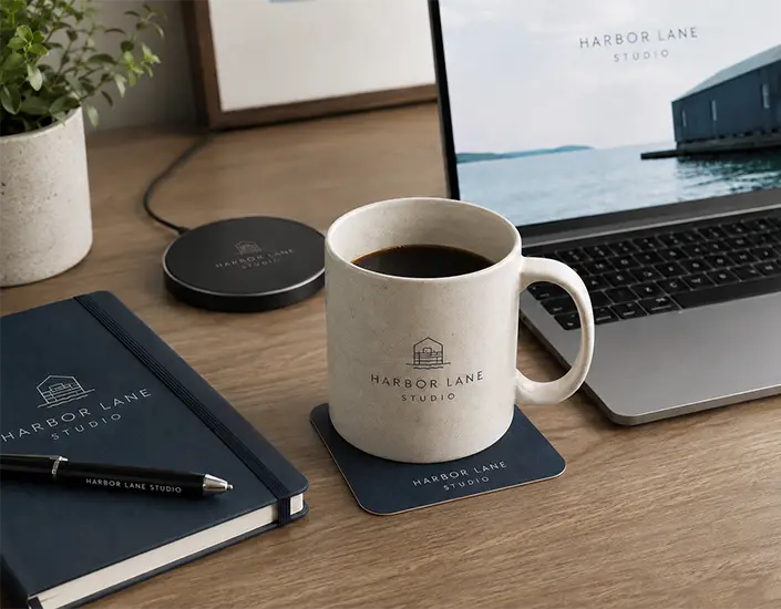 Branded desk setup with custom coaster, coffee mug, notebook, pen, and laptop.