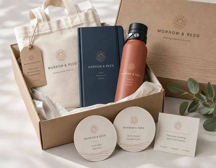 Eco-friendly company swag gift set with tote bag, notebook, bottle, coasters, and packaging.