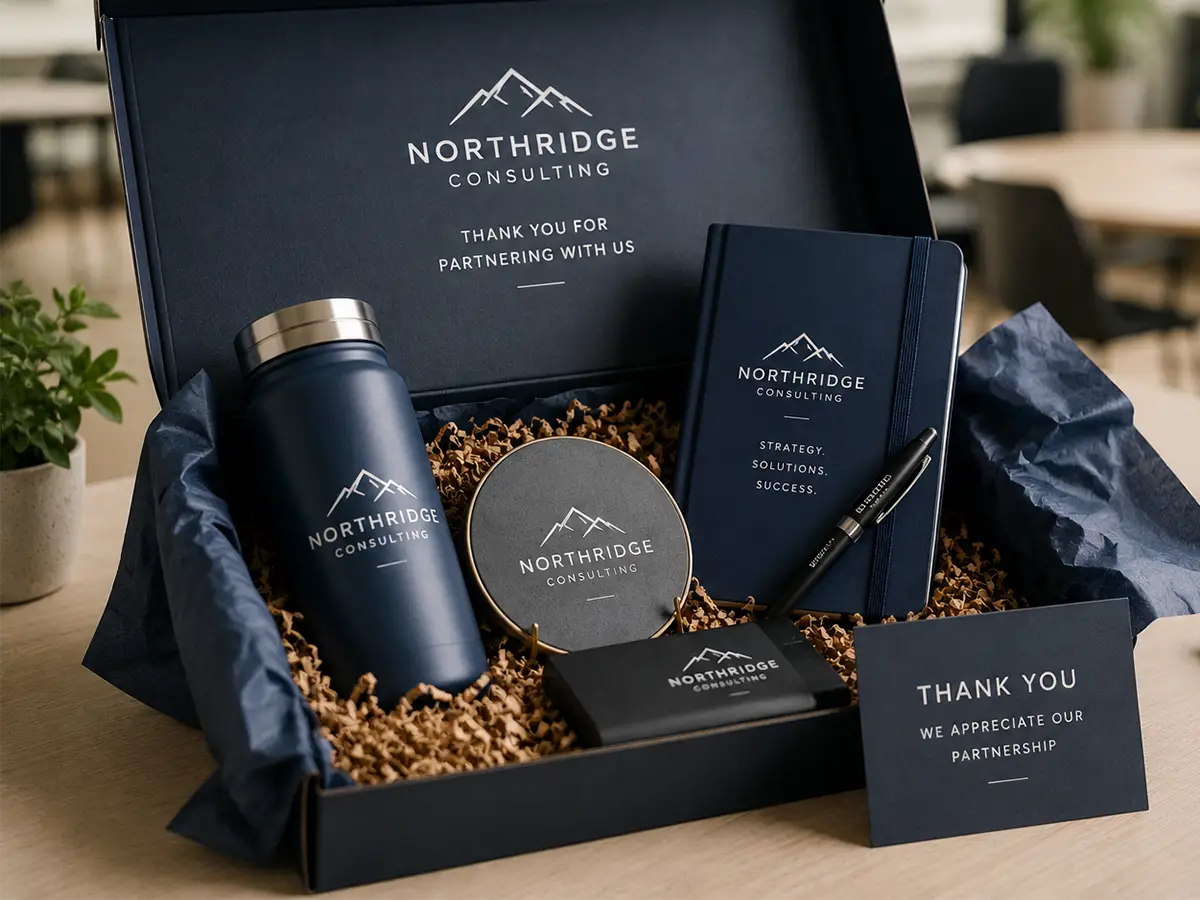 Premium client swag box with branded drinkware, notebook, pen, coaster, and thank-you card.