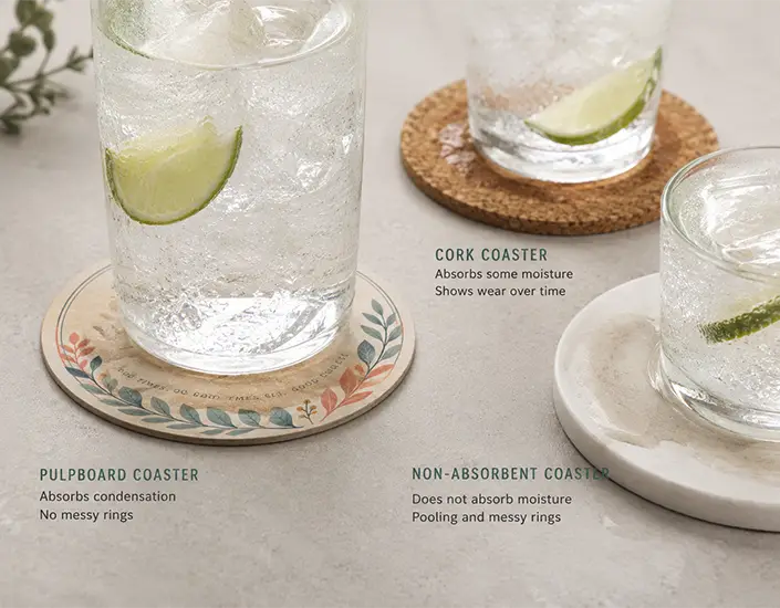 Pulpboard, cork, and non-absorbent coasters compared with cold drinks showing moisture control differences.