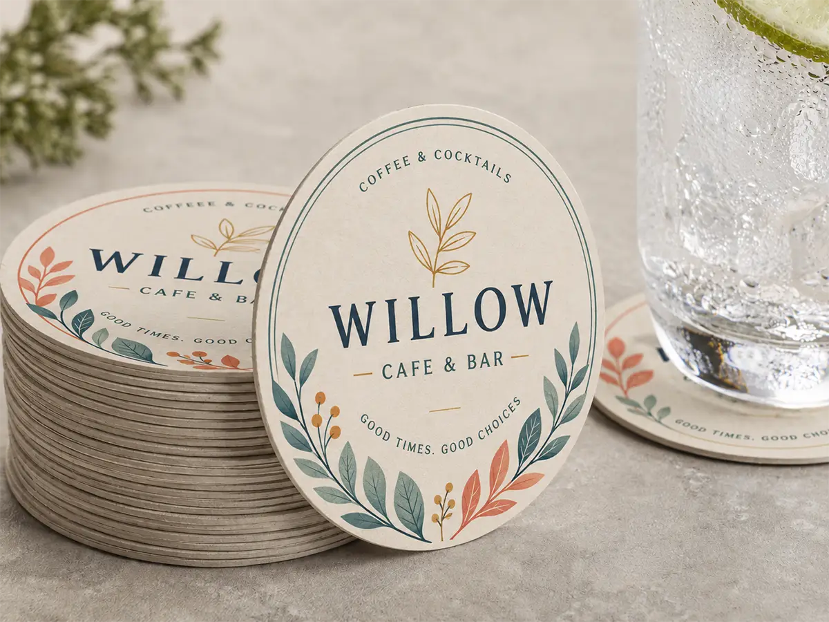Stack of custom printed pulpboard coasters with cafe branding beside a cold drink.