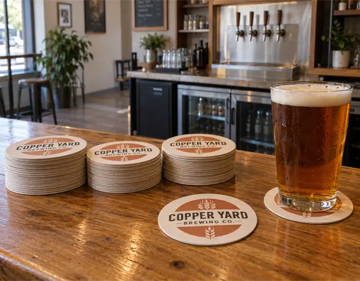 Stacks of Copper Yard brewery coasters on a wooden bar, with a beer glass resting on a matching coaster.