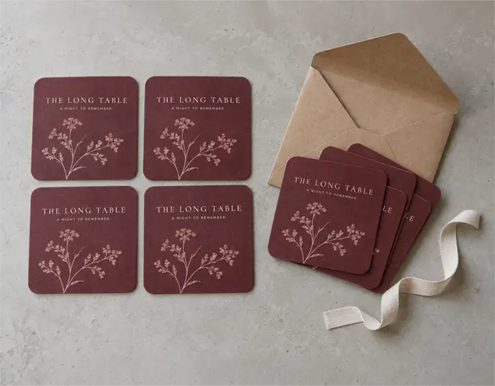 Burgundy botanical coasters arranged in a four-piece set beside matching stacked coasters, a kraft envelope, and ribbon.