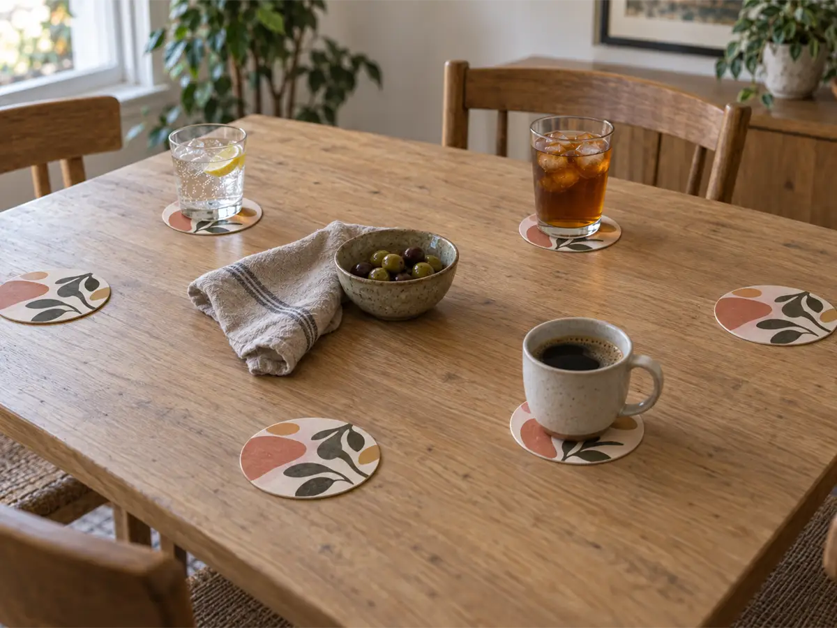 Six matching botanical coasters on a wooden dining table, three supporting glasses and a coffee cup.