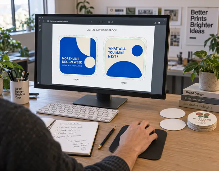 Digital proof showing front and back artwork for custom Northline Design Week coasters on a designer's monitor.