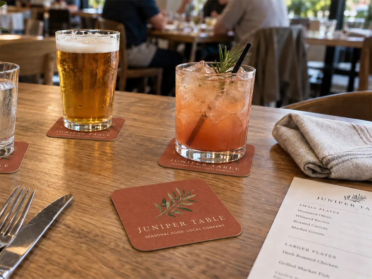 Custom Juniper Table coasters under drinks on a restaurant table, with one branded coaster shown beside a menu.