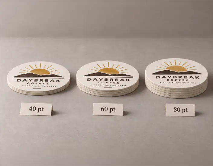 Three stacks of Daybreak Coffee pulpboard coasters comparing 40 pt, 60 pt, and 80 pt thickness options.