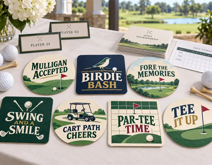 Custom golf pun coasters displayed on a tournament table with golf balls, scorecards, and player name cards.