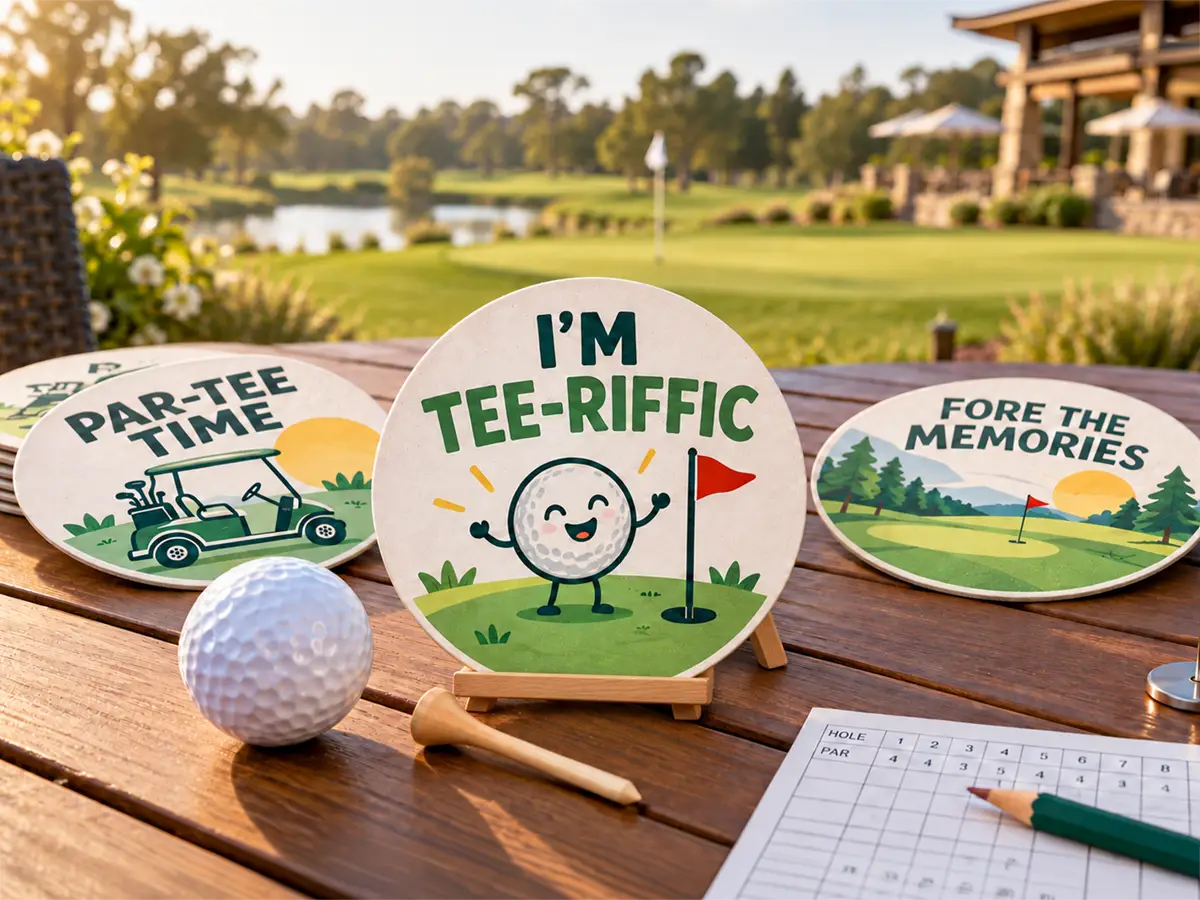 Golf pun coasters on a clubhouse table overlooking a golf course, with a tee-riffic design in the center.