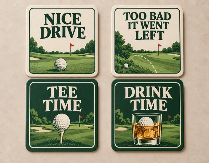 Four square golf pun coasters showing two-sided joke pairings with golf course illustrations.