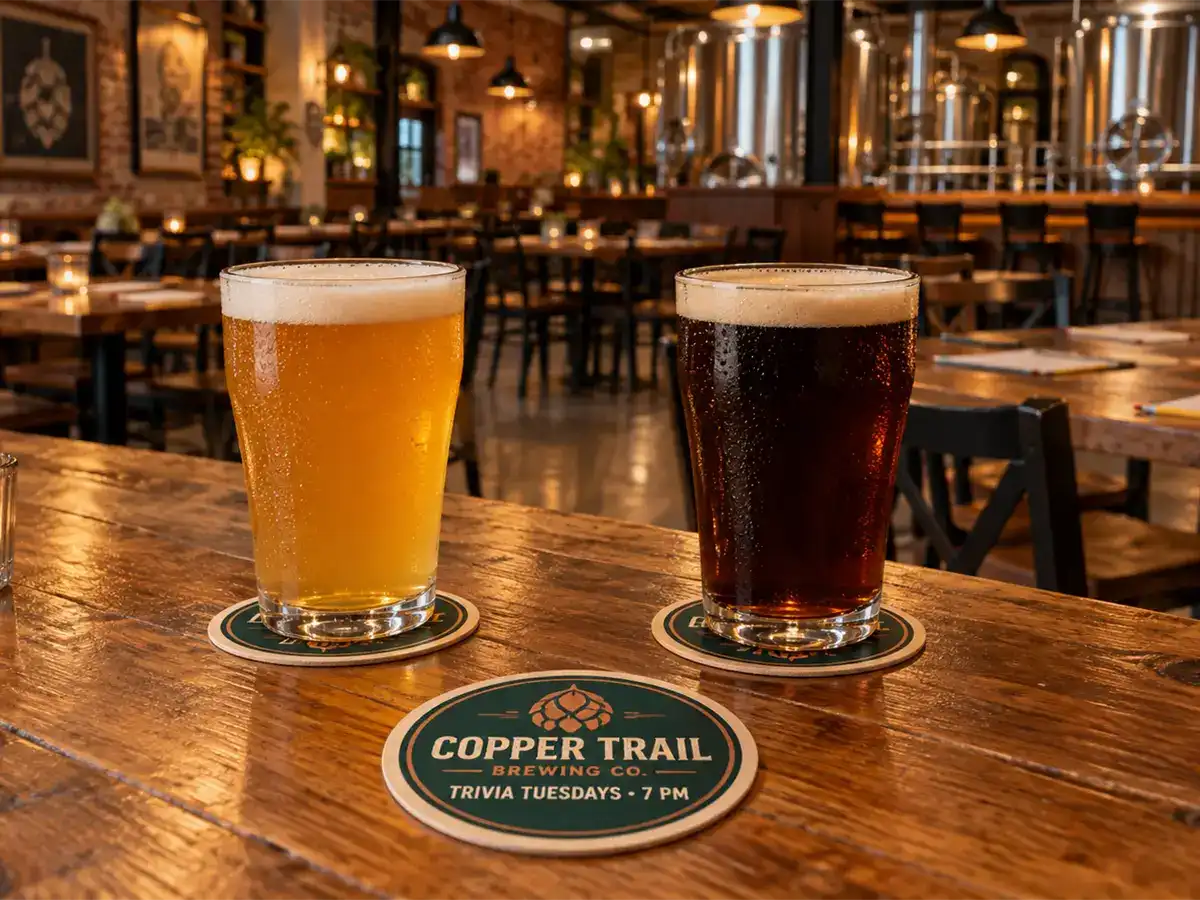 Two beers on round Copper Trail coasters in an empty taproom, with a foreground coaster promoting Trivia Tuesdays at 7 p.m.