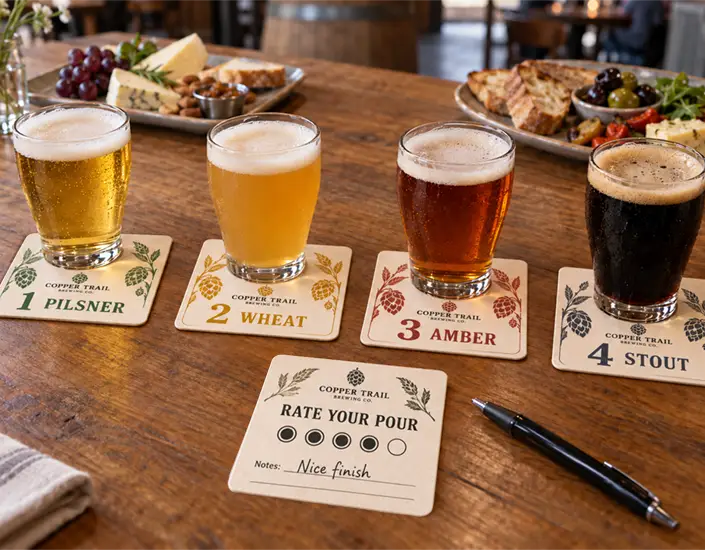 Four beer samples on numbered square coasters beside a 
