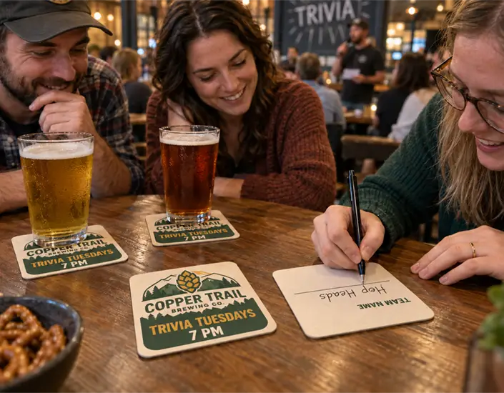Brewery trivia guests with beers on square promotional coasters, while one guest writes a team name on a coaster.