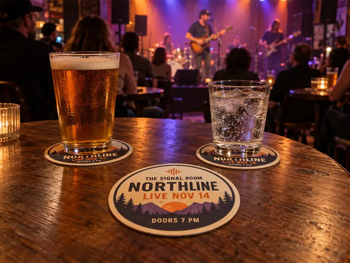 Live band performing behind a bar table with drinks and Northline concert promotion coasters.