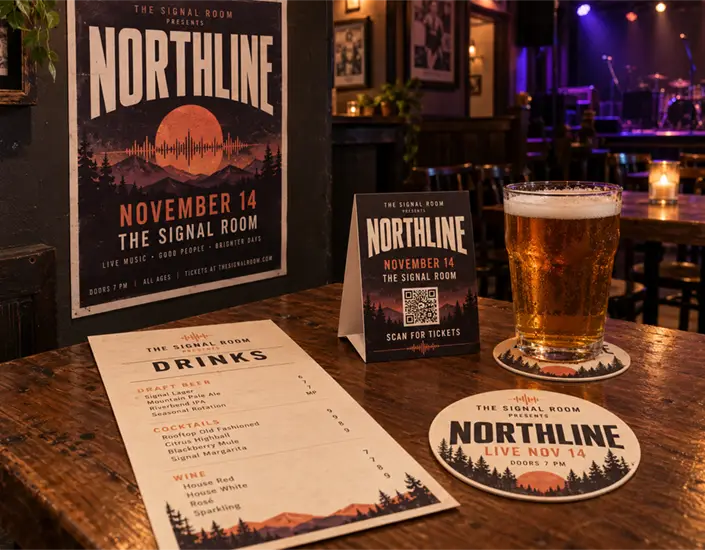 Matching Northline concert poster, table tent, drink menu, and coasters displayed inside The Signal Room.