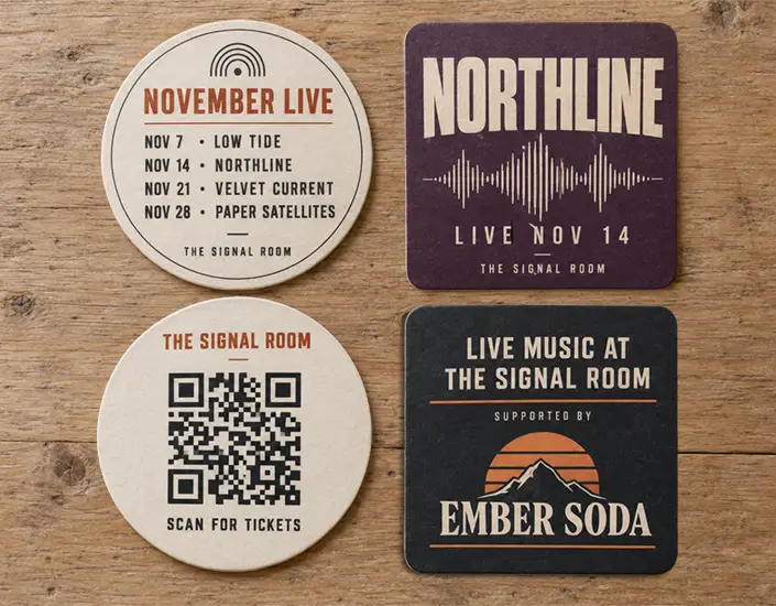 Four round and square coasters featuring a concert calendar, Northline artwork, ticket QR code, and sponsor branding.