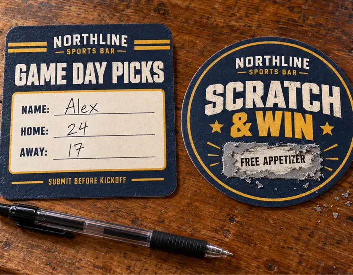 Game day prediction coaster beside a scratch-and-win coaster revealing a free appetizer prize.