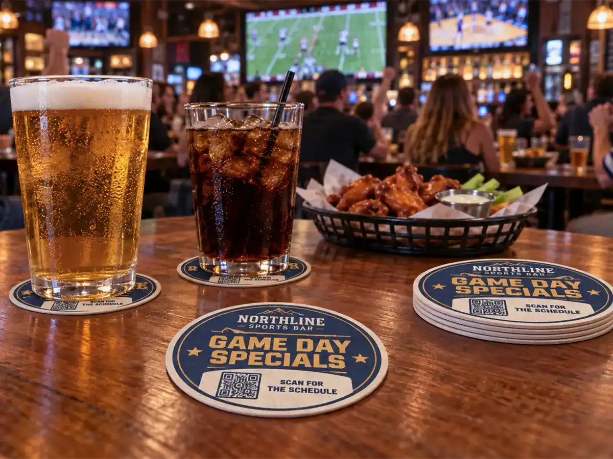 Beer, soda, and promotional coasters on a sports bar table, with fans watching games in the background.