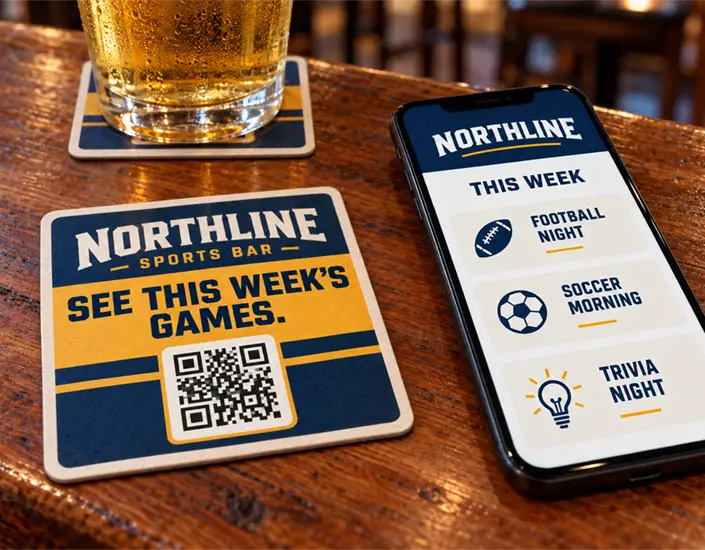 QR-code coaster beside a phone displaying the sports bar's football, soccer, and trivia schedule.