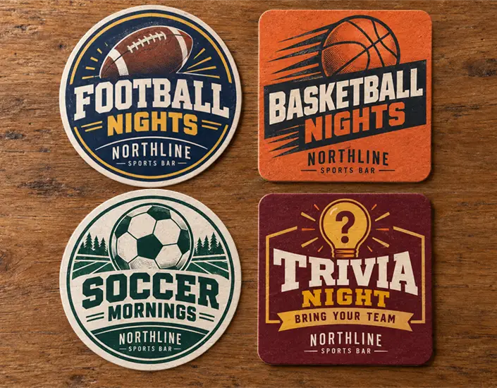 Four custom coasters promoting football nights, basketball nights, soccer mornings, and trivia night.