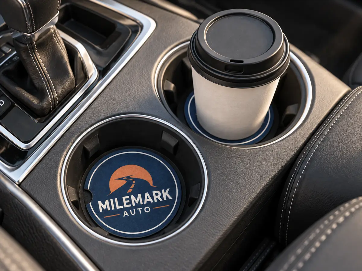 Milemark Auto car coasters in two cup holders, with a takeaway coffee cup resting on one coaster.