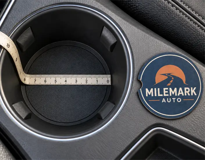 Measuring tape across the base of a car cup holder beside a navy Milemark Auto coaster.