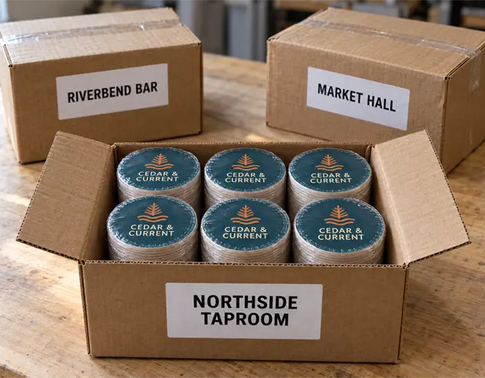 shrink-wrapped coaster bundles in shipping cartons labeled for separate delivery locations.
