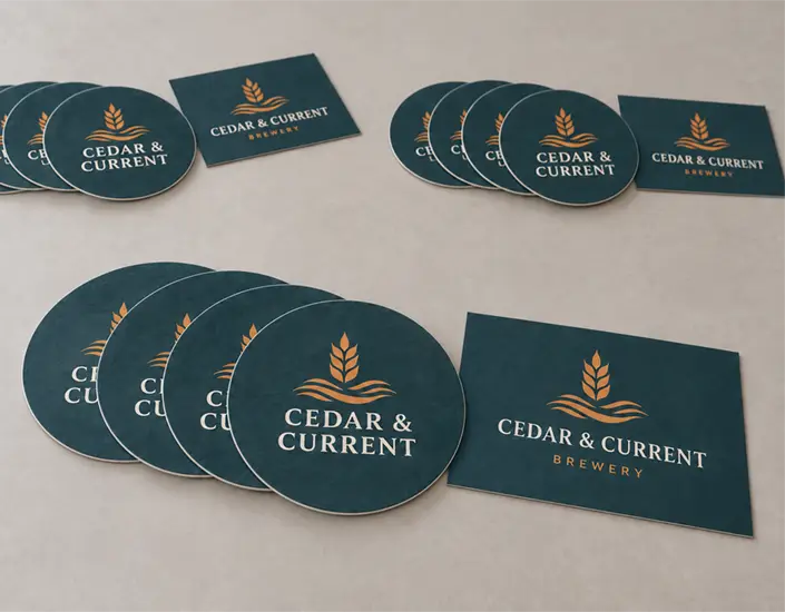 Groups of round Cedar & Current coasters arranged beside matching promotional postcards for kit assembly.