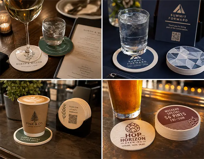 Custom printed pulpboard coasters used in restaurant, corporate, cafe, and brewery settings for business branding.