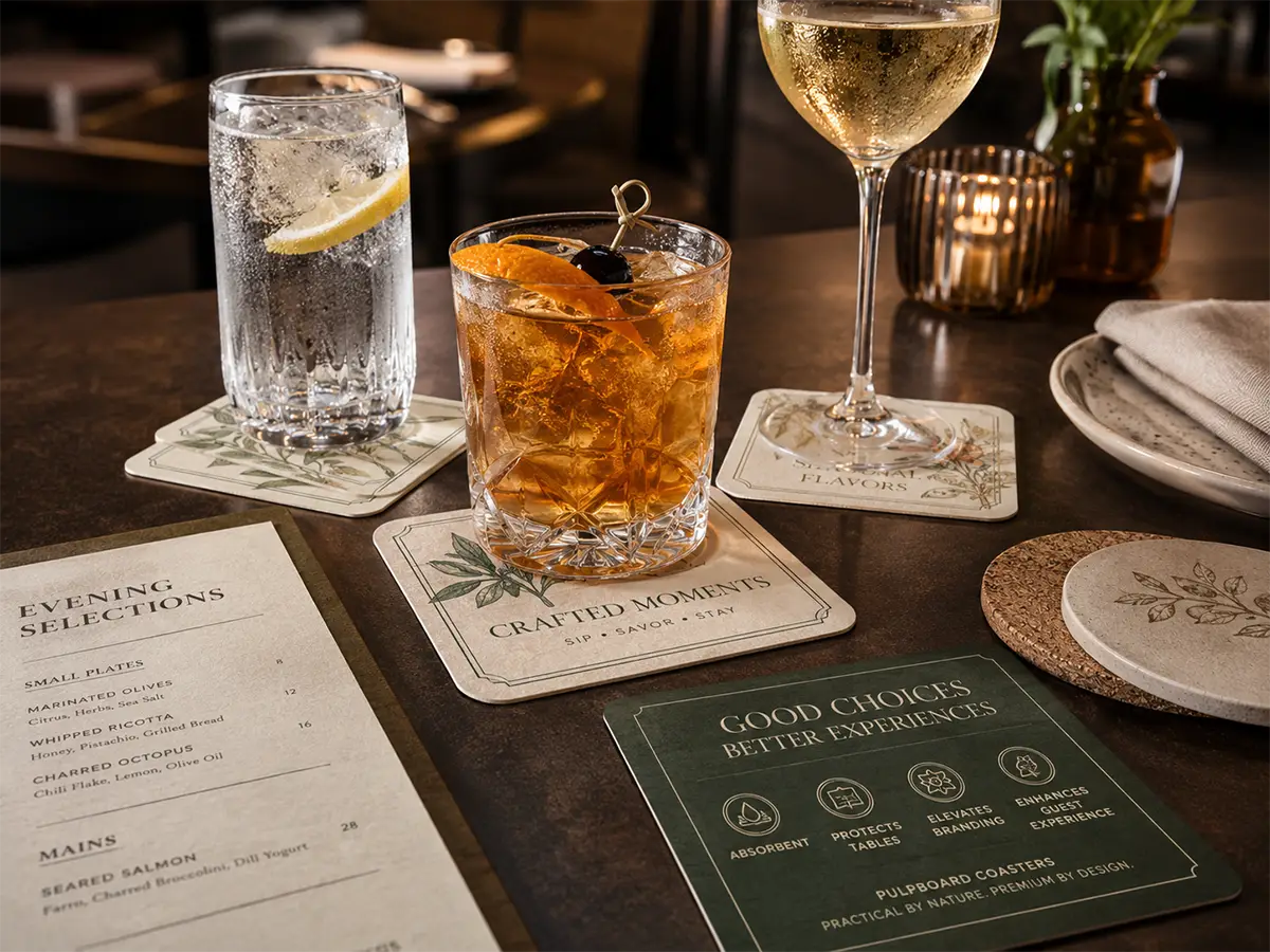 Custom printed pulpboard coasters under drinks on a restaurant table, highlighting absorbency, branding, and hospitality presentation.