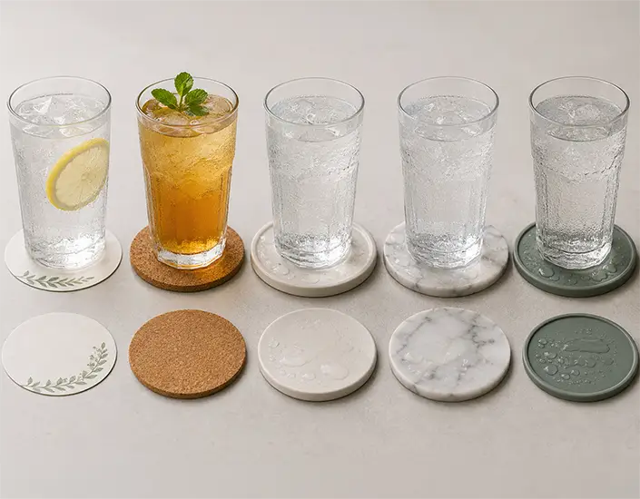 Comparison of different drink coaster materials including pulpboard, cork, ceramic, marble, and silicone with cold drinks.